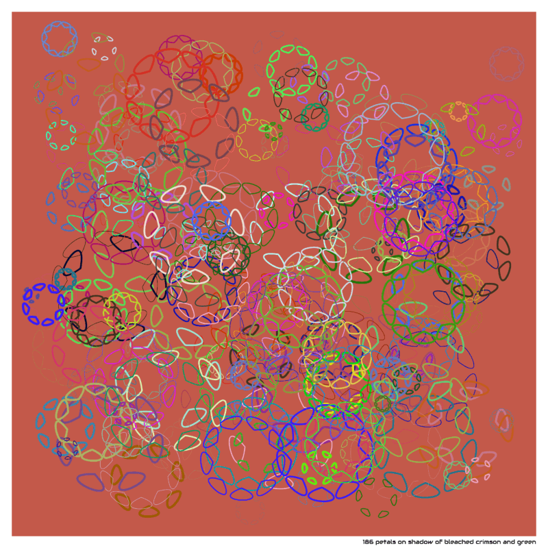 186 petals on shadow of bleached crimson and green