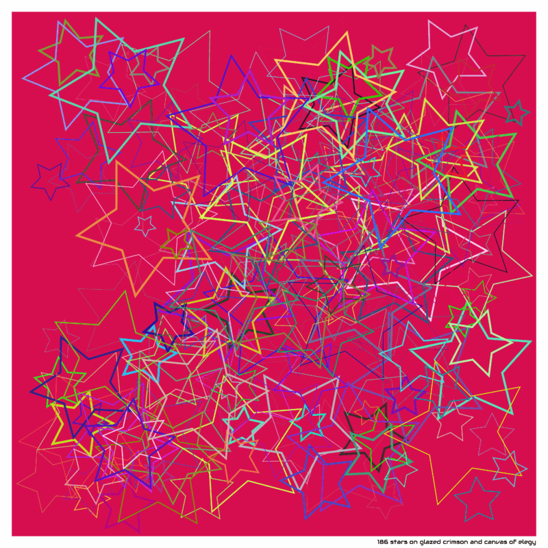 186 stars on glazed crimson and canvas of elegy