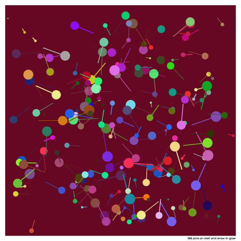 188 pins on mist and snow in glow