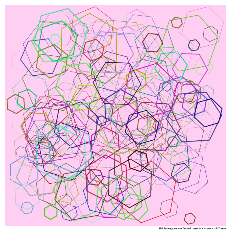 197 hexagons on faded rose — a tremor of flame