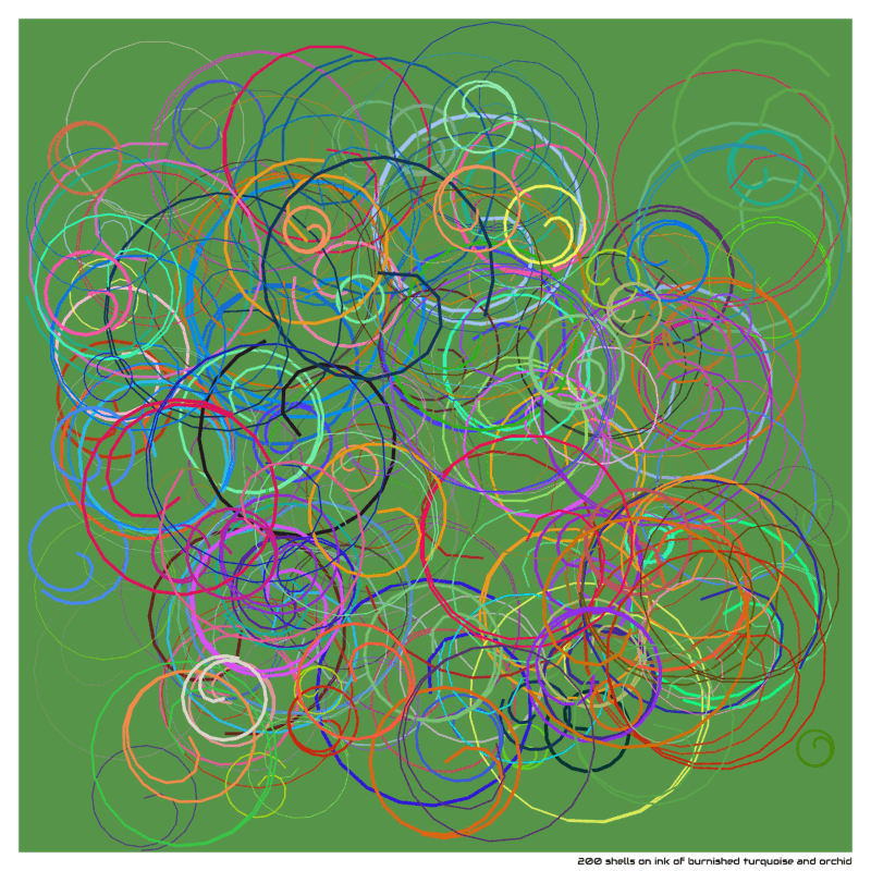 200 shells on ink of burnished turquoise and orchid