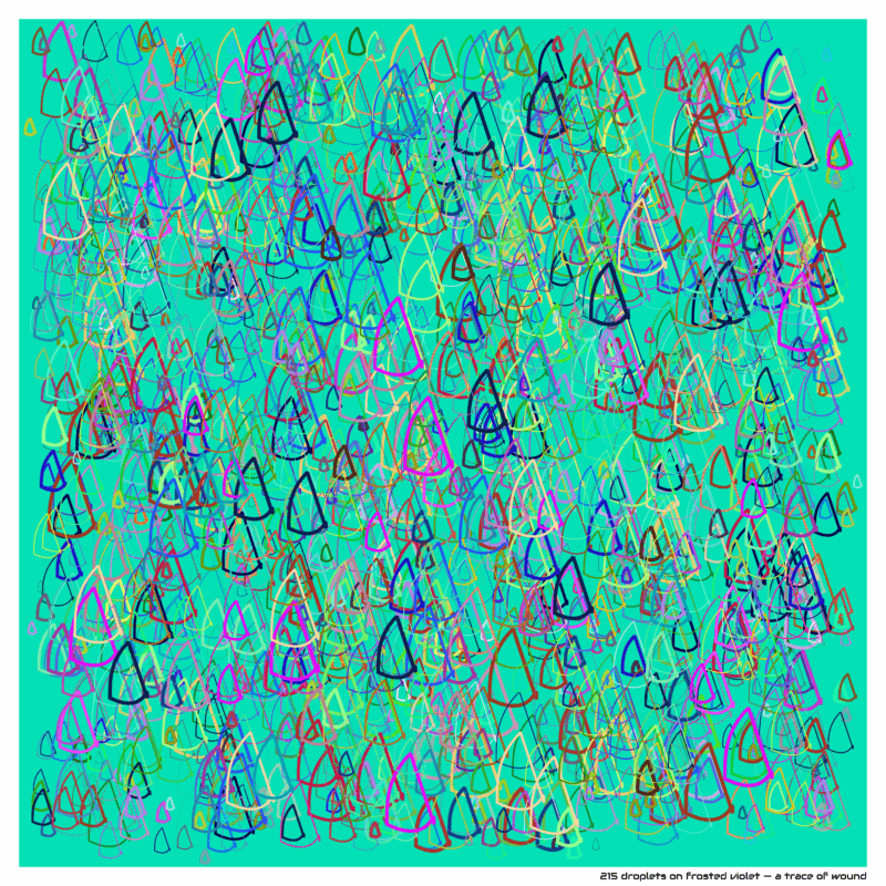 215 droplets on frosted violet — a trace of wound