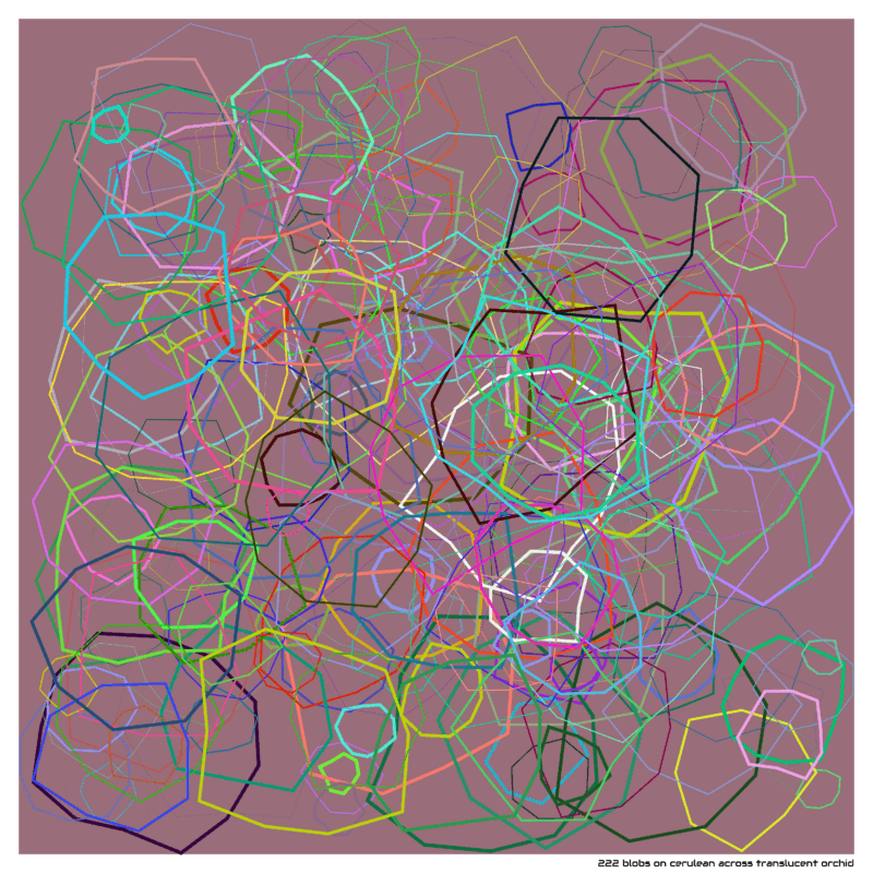 222 blobs on cerulean across translucent orchid