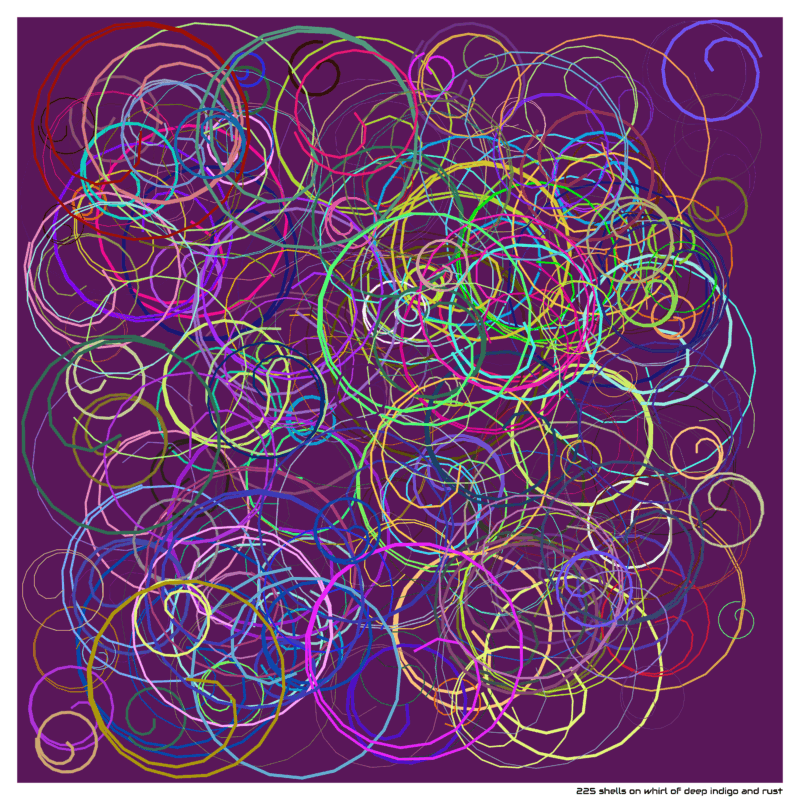 225 shells on whirl of deep indigo and rust