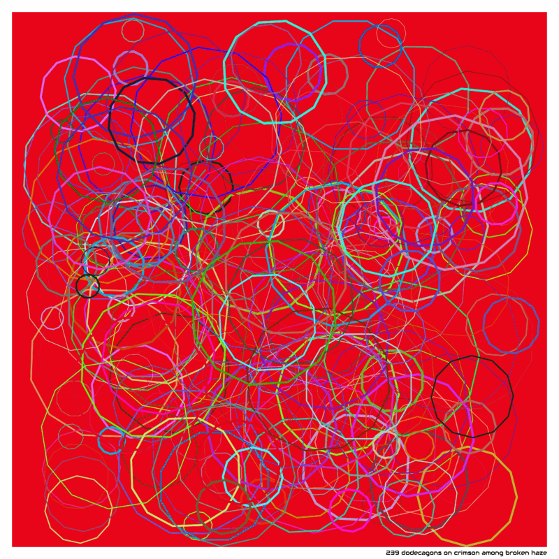 239 dodecagons on crimson among broken haze