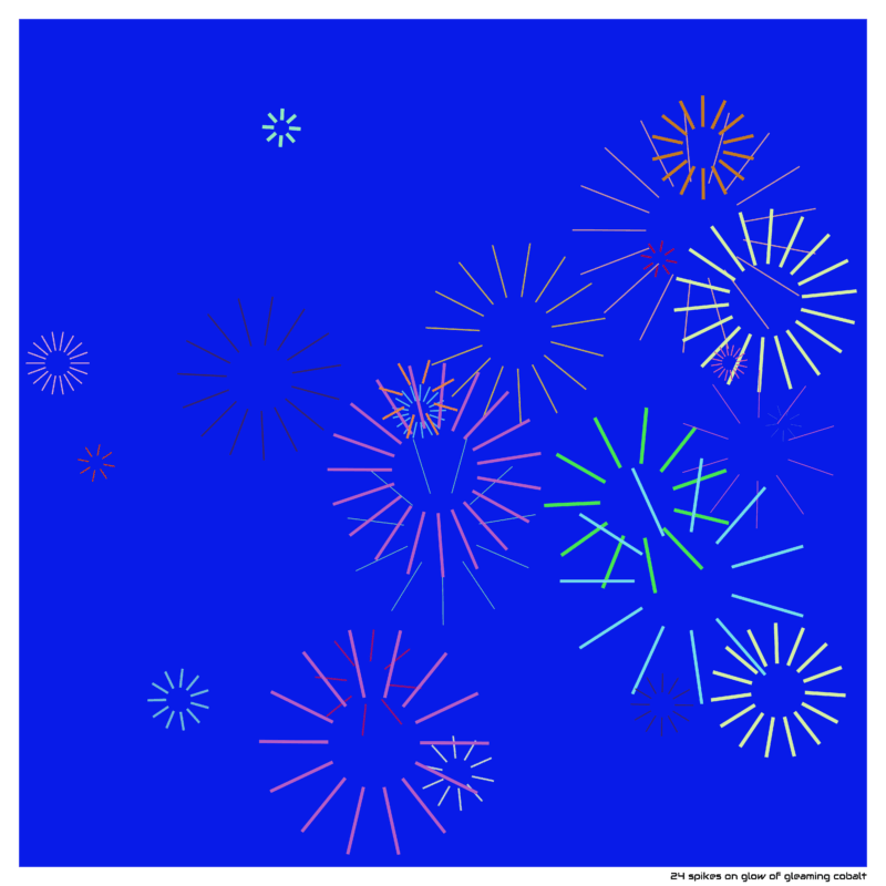 24 spikes on glow of gleaming cobalt