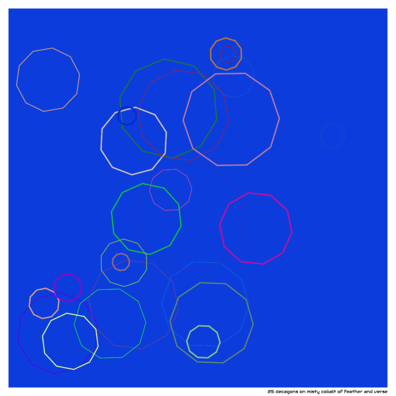 25 decagons on misty cobalt of feather and verse