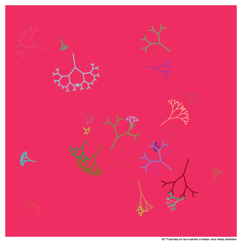 27 fractals on burnished crimson and deep obsidian
