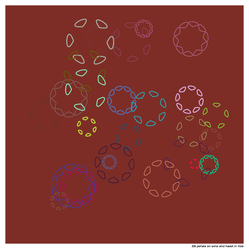 28 petals on wine and hazel in tide