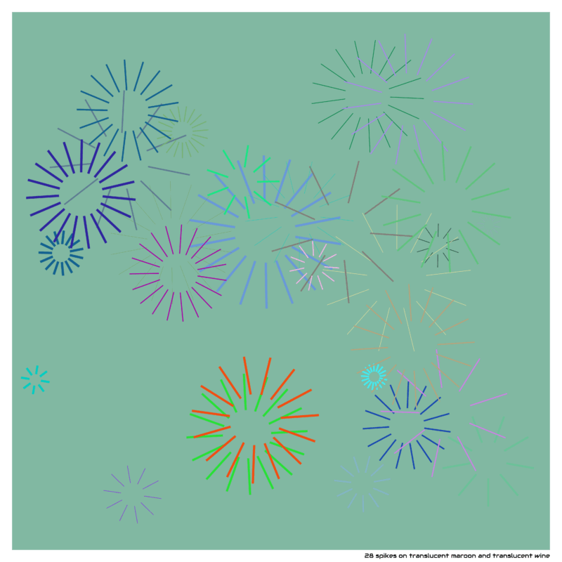 28 spikes on translucent maroon and translucent wine