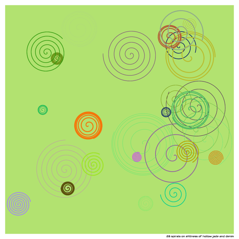 28 spirals on stillness of hollow jade and denim