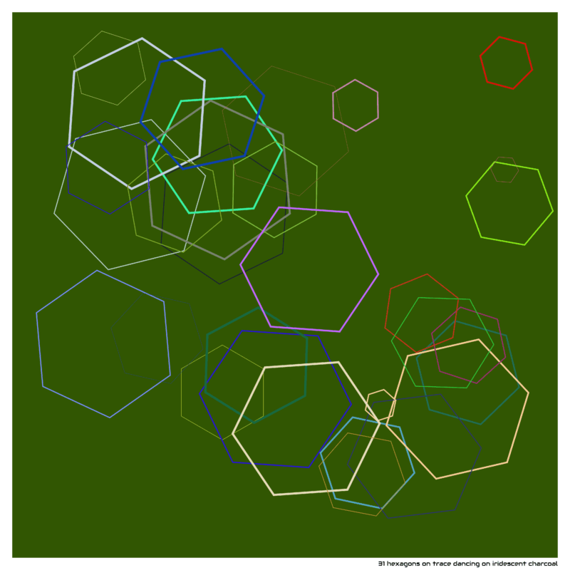 31 hexagons on trace dancing on iridescent charcoal