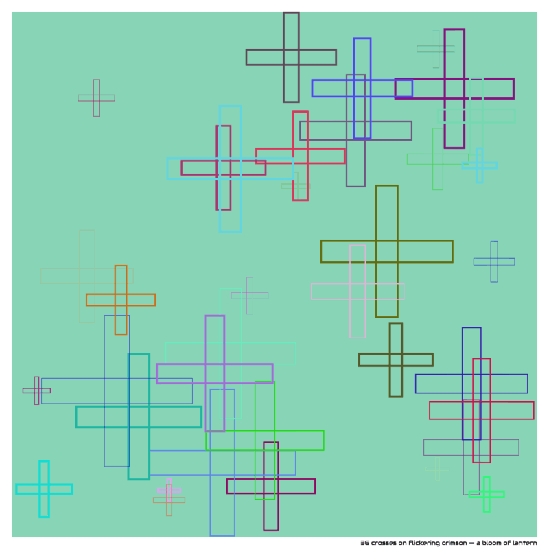 36 crosses on flickering crimson — a bloom of lantern