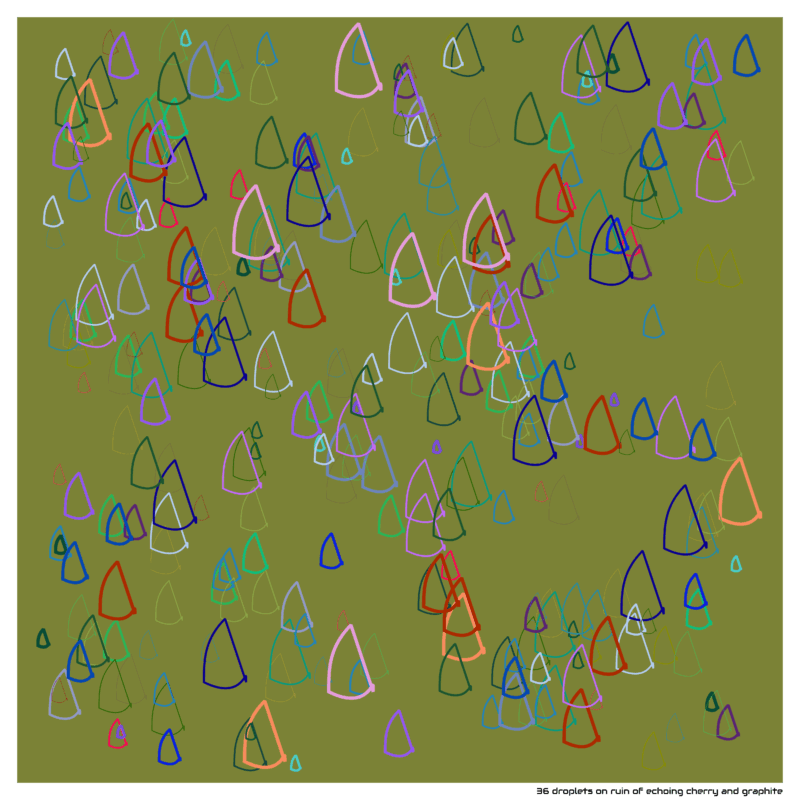36 droplets on ruin of echoing cherry and graphite
