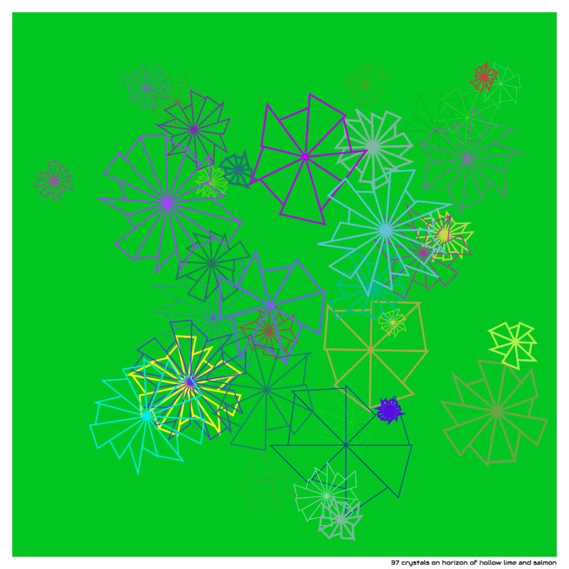 37 crystals on horizon of hollow lime and salmon