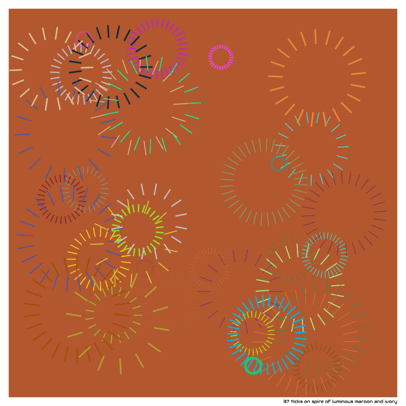 37 ticks on spire of luminous maroon and ivory