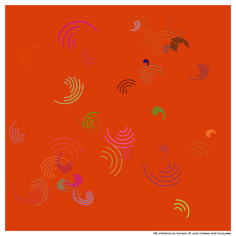 40 orbitarcs on horizon of vivid crimson and turquoise