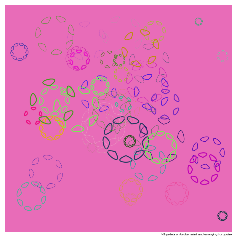 45 petals on broken mint and emerging turquoise