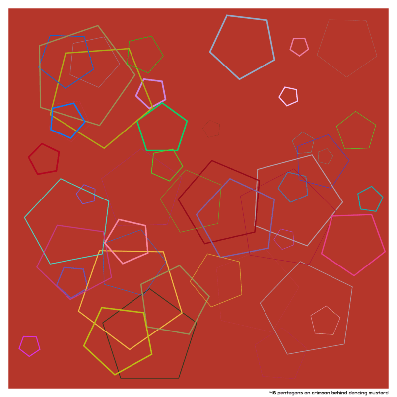 46 pentagons on crimson behind dancing mustard