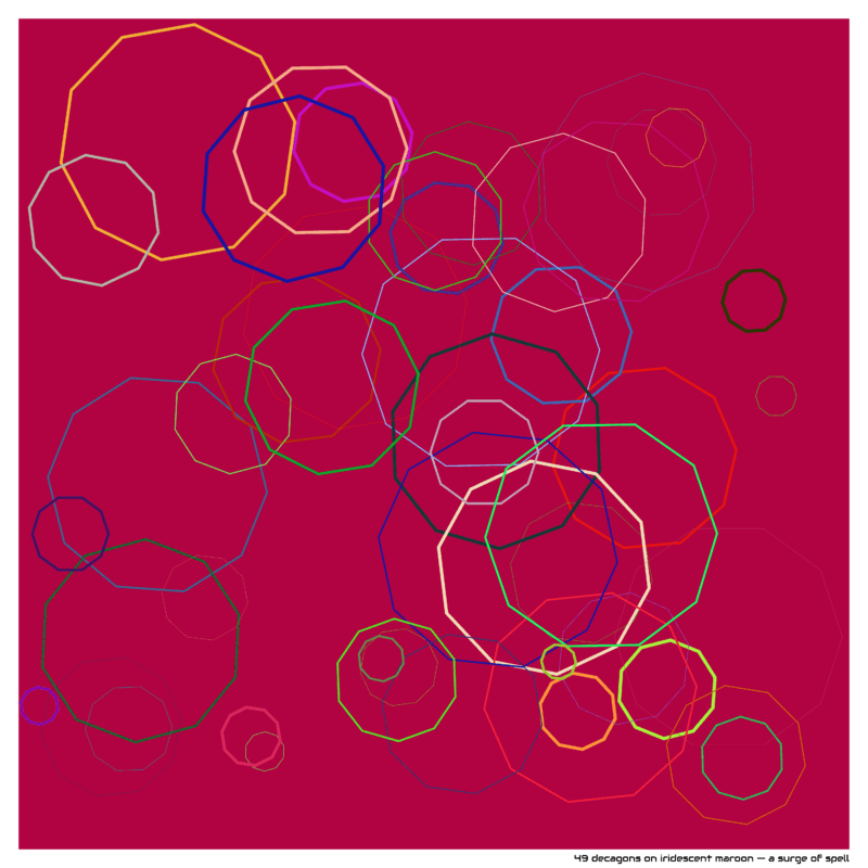 49 decagons on iridescent maroon — a surge of spell