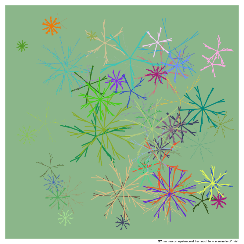 57 nerves on opalescent terracotta — a sonata of mist
