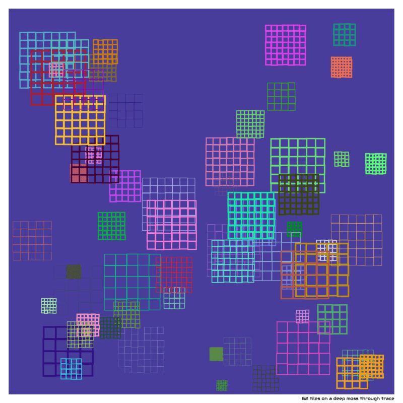 62 tiles on a deep moss through trace