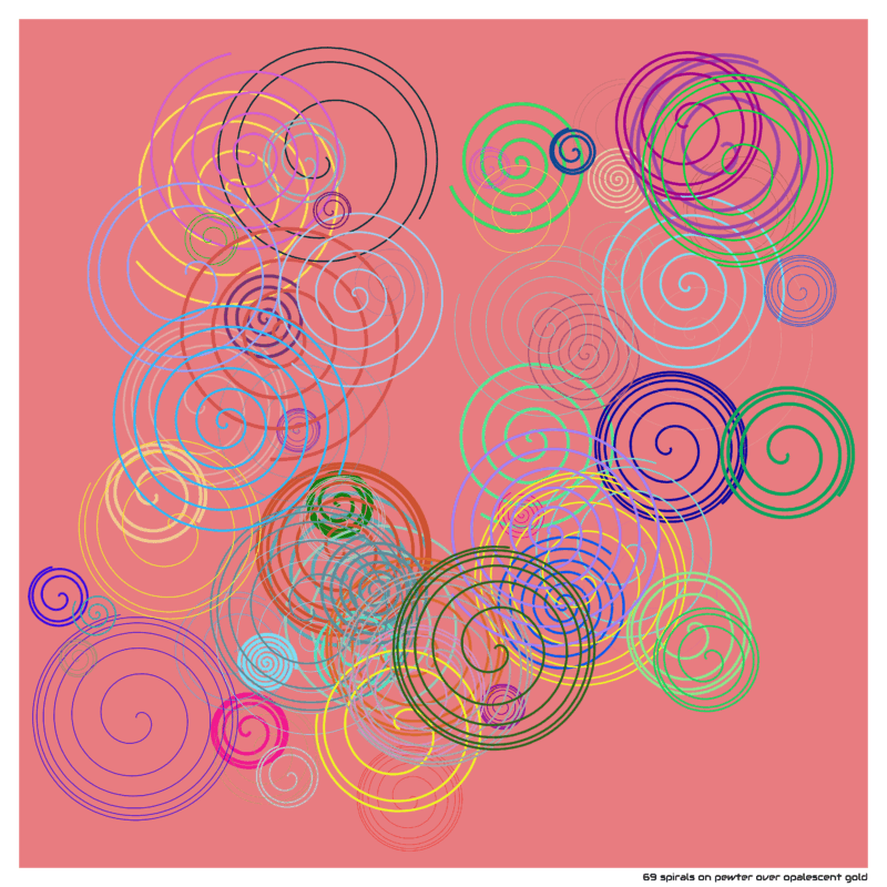 69 spirals on pewter over opalescent gold