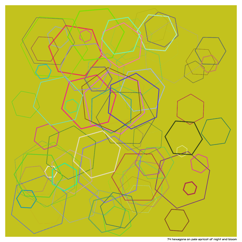 74 hexagons on pale apricot of night and bloom