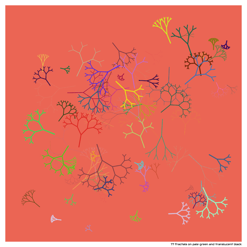 77 fractals on pale green and translucent black