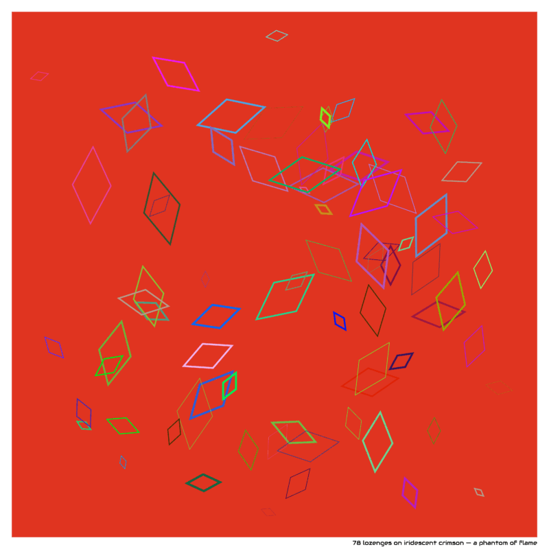 78 lozenges on iridescent crimson — a phantom of flame