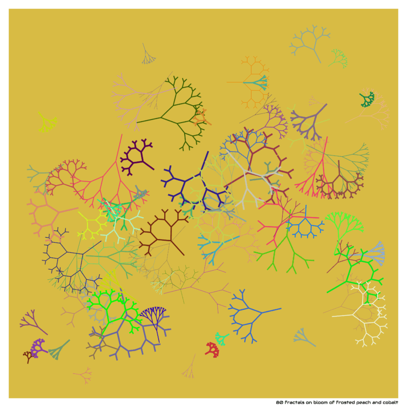80 fractals on bloom of frosted peach and cobalt