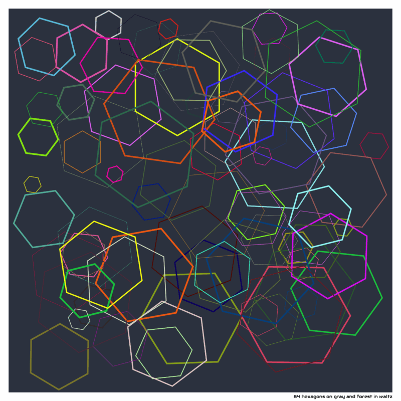 84 hexagons on gray and forest in waltz
