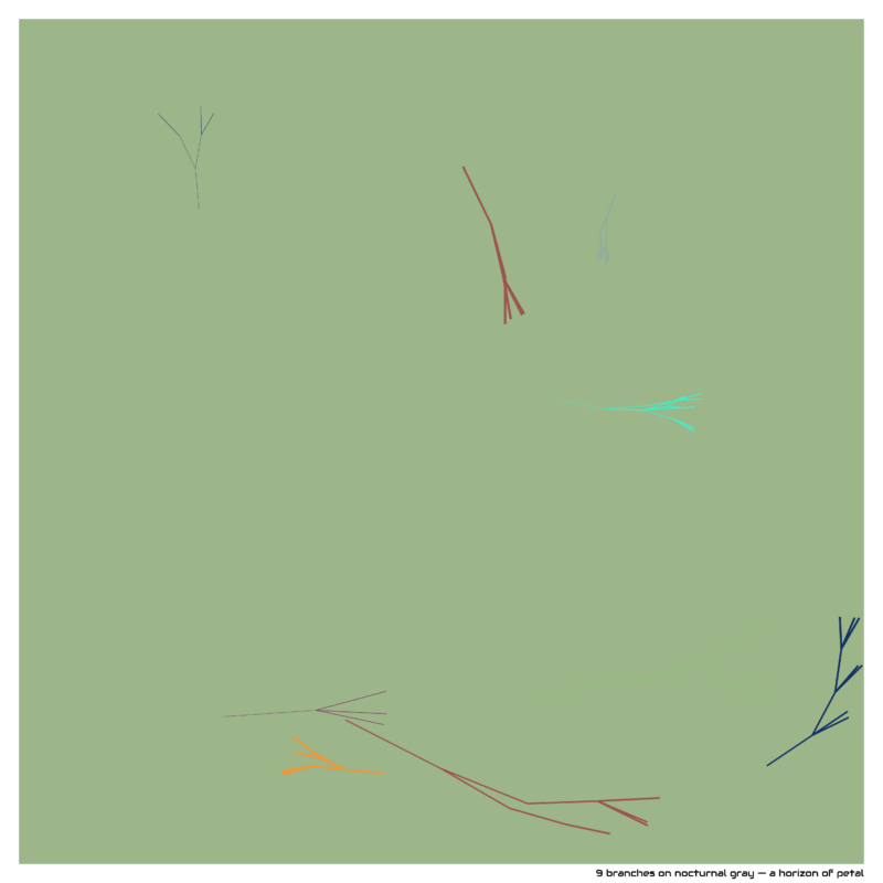 9 branches on nocturnal gray — a horizon of petal
