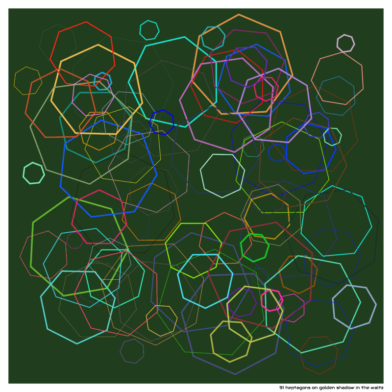 91 heptagons on golden shadow in the waltz