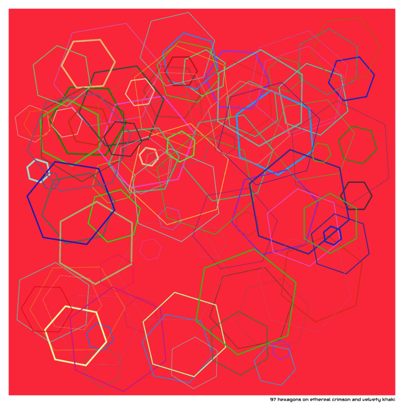 97 hexagons on ethereal crimson and velvety khaki