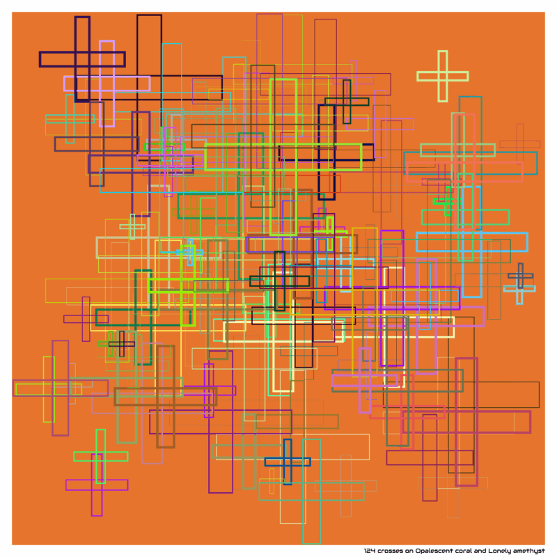 124 crosses on Opalescent coral and Lonely amethyst