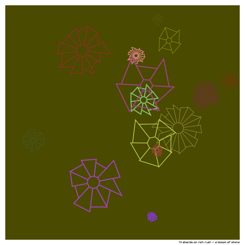 14 shards on Rich rust — a Bloom of Stone